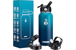 Lumesner Vacuum Insulated Stainless Steel Water Bottle,1200ml/950ml/650ml- 2 Lids (Straw Lid and Spout Lid), 2 Straws Water Bottle (1000ml, Dark Night)