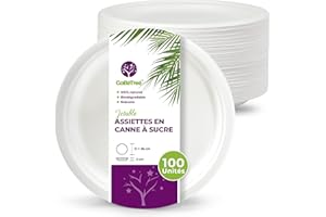 GoBeTree 100 assiettes jetables rondes en bagasse de canne à sucre blanches de 26 cm. Assiettes en papier jetables extra-résistantes, pour camping, pique-niques, fêtes, barbecues, anniversaires