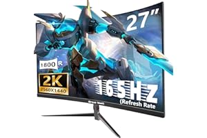 ‎GREAT VOELL Great voell 27-Inch Curved Gaming Monitor, 165Hz, 2K QHD (2560x1440P), HDR, 99% sRGB, FreeSync, Anti-Blue Light, VESA Mountable, HDMI 2.0 & DP 1.4, Tilt Adjustable, 16:9 PC Screen