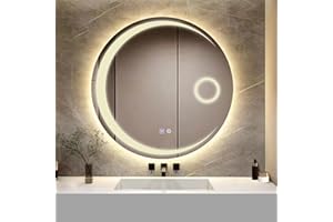 YOSHOOT Espejo de baño con iluminación, espejo de pared redondo de 60 mm, iluminación LED, espejo de maquillaje grande, botón táctil, regulable en 3 colores, luz LED 6400 K, IP44 (luna)