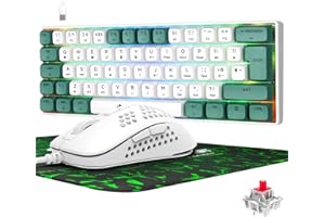 ZIYOU LANG Weiße Tastatur und Maus mit Mauspad, UK-Layout 60% Mechanische Tastatur und Model-O Gaming-Maus, PBT Hotkey Runde Taste Tastenkappen Tastaturen Honeycomb Shell Mouse 6400DPI für PC Mac
