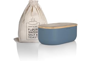 LARS NYSØM Chlebak z lnianym workiem na chleb dla długotrwałej świeżości I chlebak bambusowa pokrywka nadaje się jako deska do krojenia I 36x19x13cm (Stone Blue)