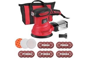 VISTRECK Exzenterschleifer 300W 13000RPM 125mm Exzenterschleifer mit 6 variablen Geschwindigkeiten 20 Schleifscheiben 3 Polierpads Werkzeugtasche Effizienter Staubsammler für Holzbearbeitungsschleifen
