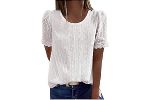 GENERIC Chemisier T-Shirt Manche Courtes Femme Dentelle Décontracté Col V Élégant Couleur Unie lâche Basique Pull Top Ruffle Sleeve Shirt Volant Cutout Chemisiers d'été à Manches Courtes pour Femme