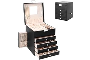 CASIWAFT Jewellery Box Organiser with 6 Drawers and Mirror, Large PU Jewelry Organiser Display Case with Side Drawers, 5 Layers Jewellery Box for Rings Earrings Bracelets Necklaces, Black