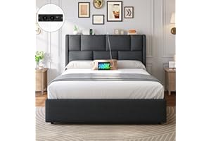 ‎BRINLAWB Brinlawb Polsterbett 140x200 cm mit Hydrauliksystem, Bettgestell 140x200 cm mit Steckdosenleiste und höhenverstellbarem Kopfteil, Bett 140x200 mit Stauraum unter dem Bett, Doppelbett, Dunkelgrau