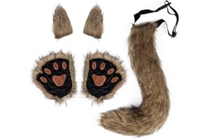 LXWINNER 3 pezzi Orecchie Animali Fascia Coda Zampa Guanto Set,Halloween Regolabile Peloso Coda di Volpe Costume per Bambini Adulti,Coda in Peluche di Lupo e Volpe,Carnevale Costume Cosplay set