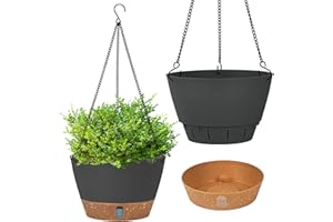 Evoio 25cm Hanging Plant Pots Self Watering Hanging Flower Pots Hanging Planters with Visible Water Level Tray Drainage Holes Removable Tray for Indoor Outdoor Plants (Set of 2, Dark Grey)