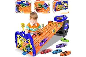 5-Track Transport Truck Toy for Boys Ages 3-8, Upgraded Race Track with 5 Race Cars, Best Gift Carrier Truck Set for Kids Boys & Girls