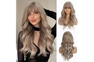 Esmee Perruque blond mixte gris clair pour femmes de 24 pouces avec frange, longue vague naturelle, perruque synthétique résistante à la chaleur