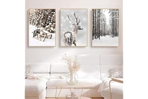 TROYSINC 3er Premium Poster Set, Winter Bilder, Elch, Holzhaus, Wald Wandkunst Wandbilder, Leinwand Drucke Wohnzimmer bilder Modern Wanddeko Bilder, Kein Rahmen (B,30x40cm)