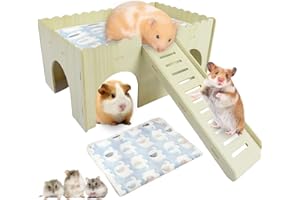 GOEDCH Casa Grande Cobayas: Casa para Cobayas de Madera con Rampa de 4 Entradas, Accesorios para Conejillos de Indias, Juguete para Conejillos de Indias con Estampado de Elefante Azul