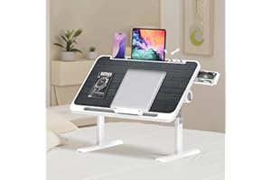 Ferghana Table de lit à Hauteur réglable,Tavolo pieghevole per Laptop,Bureau Portable Pliable - Table Pliante pour canapé,Sol,lit,extérieur (Tiroir + Petit Ventilateur + LED, Noir brossé)