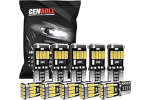 Cenmoll T10 501 W5W Led Bulb White, Super Bright 168 194 501 W5W Led Bulbs Canbus Error Free Car Bulb for Interior Reading Lights Number Plate Lights Dome Lights Side Lights, Pack of 10