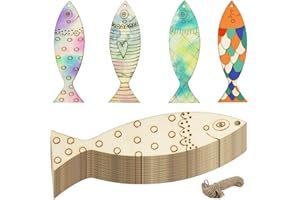 HINGTAI 36 Pcs Fish Decor Cutouts, 4 Styles Wooden Crafts to Paint Shapes for Animal Decorations Lovers, Ornaments With Hemp Rope and Can Be Personalized