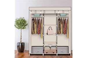 ADIBY Non-Woven Clothes Cabinet Wardrobe Storage Bedroom Furniture Cupboard Closet Wardrobe,Hanging Rods,Zippered Dust Cover,Waterproof,Beige