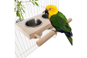 Toivize Vogelfutternapf Edelstahl mit Holz Sitzstange, Doppel Futterschale für Papageien, Wellensittiche, Sittiche & Kleintiere, Futter- & Wassernapf Käfig Zubehör, Abnehmbar & Leicht zu Reinigen