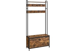 VASAGLE Coat Rack with Shoe Storage, Hall Tree with Bench, 9 Hooks and Top Shelf, for Hallway, Bedroom, Industrial Style, Rustic Brown and Ink Black HSR405B01