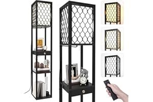 Jehiatek Floor Lamp with Shelves, E27 LED Bulb Tall Standing Light with Remote, Modern Reading Lamp with a Drawer Storage, for Bedroom, Living Room, Office, 160cm, Black