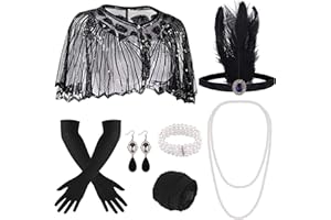 ELECLAND 10 Pièces Années 1920 Flapper Great Gatsby Accessoires Set Mode Roaring 20's Theme Set avec Bandeau Bandeau Long Gants Noirs Collier Boucles d'Oreilles pour Femme