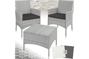 tectake® Conjunto Jardín Exterior de Ratán y Acero para 2 Personas, Muebles Jardín Exterior Resistentes a Intemperie, 2 Sillones y 1 Mesa Cristal, Fácil Montaje y Limpieza, Incl. 4 Fundas - gris claro