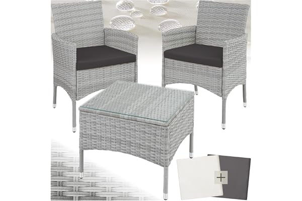 tectake® Ensemble Salon de Jardin Extérieur en Poly Rotin 2 Personnes Ensemble Fauteuil Salon et Table de Jardin, Coussins Amovibles Inclus, Mobilier de Jardin pour Amenagement Balcon Terrasse