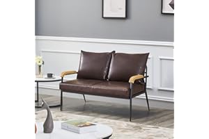 LEMROE Divani 2 Posti Moderno in Pelle con Struttura in Metallo e Braccioli in Legno per Soggiorno Camera degli Ospiti Ufficio (Marrone scuro, 2 posti)