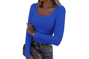 RIROW Damen Langarmshirt U-Ausschnitt Slim Fit Rippstrick Oberteil - Langarm Tee Shirt