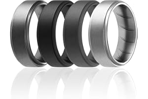 ROQ Silicone Rubber Wedding Ring for Men, Comfort, Men's Wedding Band, Breathable Rubber Engagement Ring/Band, Step Edge, 8mm Wide 2mm Thick, 4 Pack, Black, Dark Silver, Grey, Silver, Size 9