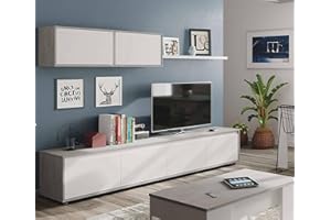 Dmora - Parete attrezzata Savannah, Mobile da soggiorno porta TV, Composizione set salotto, Set salotto con pensile, 200x41h43 cm, Bianco e Cemento