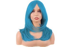 MapofBeauty 20 Pulgada/50 cm Largo Layered Pelucas Con Flequillo Lacio Sintética Fibras Shoulder Largo Cabello Para Diario Fiesta (Cereste Azul)