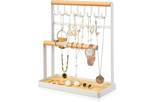 HOSSEJOY Jewelry Organizer Display Stand, 4-Tier Jewelry Holder Stand，Necklace Hanging Holder with Large Capacity Ring Tray for Storage Bracelets, Earrings, Rings, Watches, White