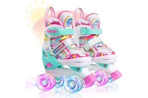 4-PEJIIJAR Unicorn Rainbow Kids Roller Skates for Girls Boys Toddler Ages 3-12, Adjustable Beginner Profession Kids Quad Skates, Children's Rollerskates for Birthday Xmas Gifts