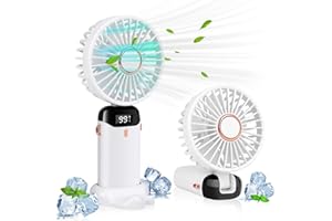 LYMYBETY Portable Handheld Fan, 4000mAh Mini USB Rechargeable Fan with Digital Display, Small Personal Pocket Fans with 5 Speeds, Hand Held Fans with Lanyard and Base for Home Travel (White)