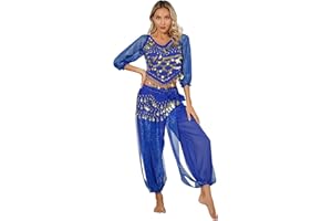 MSemis Women's Belly Dance Costume Set Sequins Dance Clothing Indian Dance Performance Clothing 4 Pieces Top + harem trousers + hip scarf + headscarf set.