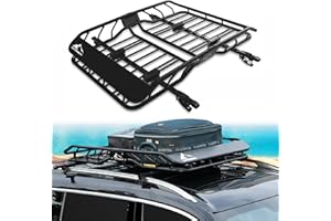 AUTOXBERT Universal Roof Rack Cargo Basket with Roof bars 127 x 96 cm Roof Rack Tray Top Cargo Carrier Luggage Basket Fit Raised Side Rails with Gap 90 kg Load Capacity Heavy-Duty Steel Black