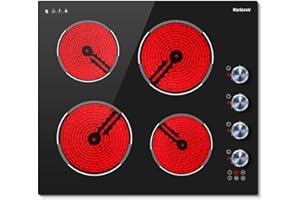 Karienvir Electric Hob 60cm 4 Zone,Ceramic Hob 6000W, Electric Ceramic Hob 220-240V Hardwired, Kitchen Hob 4 Burners with Safety Lock, Timer, Pause Function, Knob & Touch Control