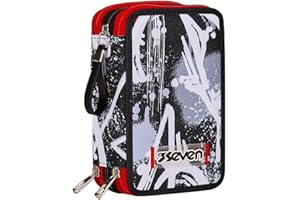 Seven Astuccio 3 Scomparti, Nero, Triplo Scomparto, Completo di Matite, Pennarelli, Colori, Accessori Zaino, Elementari, Medie, Superiori, Bambino e Ragazzo