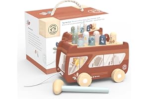 SPEEDY MONKEY Pull-Along Bus Pounding Bench - Hammering Fun with 8 Wooden Characters - Toys for 2 Year Old Boy & 1 year old girl gifts - Toddler Toys for Hand-Eye Coordination - Safe Non-Toxic Paint
