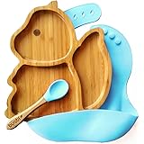 Buabi Stoviglie in bambù e silicone (SCOIATTOLO). Set 3 pezzi: Piatto, Cucchiaio e Bavaglino. Con ventosa antiscivolo sulla b