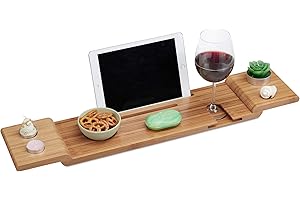 ‎RELAXDAYS Relaxdays Bambusowa półka na wannę, szerokość 70 cm, taca na szkło, telefon komórkowy, tablet, półka na wannę do zawieszenia, naturalna