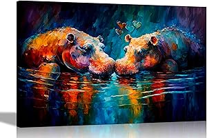 Artley Prints - Hippos in Love Kissing Abstrakte Bunte Leinwanddrucke für Schlafzimmer Wohnzimmer Küche - Wandkunst Tierbilder 40 x 30 cm (16 x 12 Zoll) A3