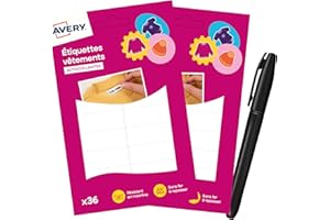 Avery étiquettes autocollantes Vêtements Blanches avec Marqueur – Lot de 72 (2 x 36) – Format 1,3 x 4,5 cm – autocollant Personnalisables, Résistant et Lavables pour Enfants