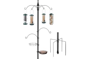 iBorn Bird Feeding Station Kit 1 Inch Pole Bird Feeders Hanging Station With 8 Inch Mix Seed Feeder x4, 87Inch Tall Pole+ 2Removable Tray, 6-Hooks, 5-Prong Stabilizer