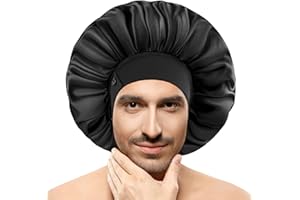 WINSTECK Gorros de seda para hombre, satén para dormir, dobladillo ajustable, capó grande para trenzas rizadas que permanecen toda la noche (negro)