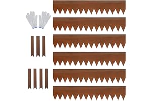 JonesHouseDeco Lawn Edging Border 20cm Height 6 Pack Pre-Rusted Cor-Ten Steel Landscape Edging - No-Dig Hammer-in Heavy Duty 14-Gauge Metal Corten Decor Edging (6M Length Total) w/ 7 Clips & Gloves