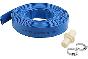 KATSU TOOLS KATSU Manguera Plana para Descarga de Agua 20 m x 32 mm, con 2 Clips y Conector, Se Adapta a Bombas de Agua Sumergibles y Otras para Drenar Estanques, Riego de Jardines, Piscinas, Azul 664435