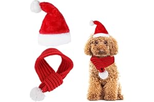 AIYORSE Christmas Dog Santa Hat and Scarf Set - Adjustable Winter Neck Warmer With White Pompom Ball - Costume for Cats and Small Dogs (39cm/15.4in)