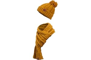 Manufaktur13 Knit Winter Set - Schal & Mütze, 2-teiliges Kombiset aus Strickschal, Beanie, Bommelmütze, Echt-Leder Veredelung (M13)