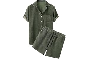 Celucke Zweiteiler Herren Leinenanzug Sommer Freizeitanzug Einfarbig 2-teilig Kurzarm Button-Up Revers Hemd und Shorts Beach Shirt Kurze Hose Set Baumwolle Leinen Anzug